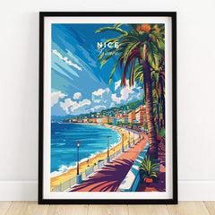 Nice Wall Art Print - France featuring a vibrant coastal scene with palm trees and the Mediterranean Sea.