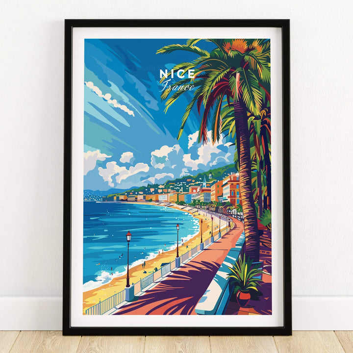 Nice Wall Art Print - France featuring a vibrant coastal scene with palm trees and the Mediterranean Sea.