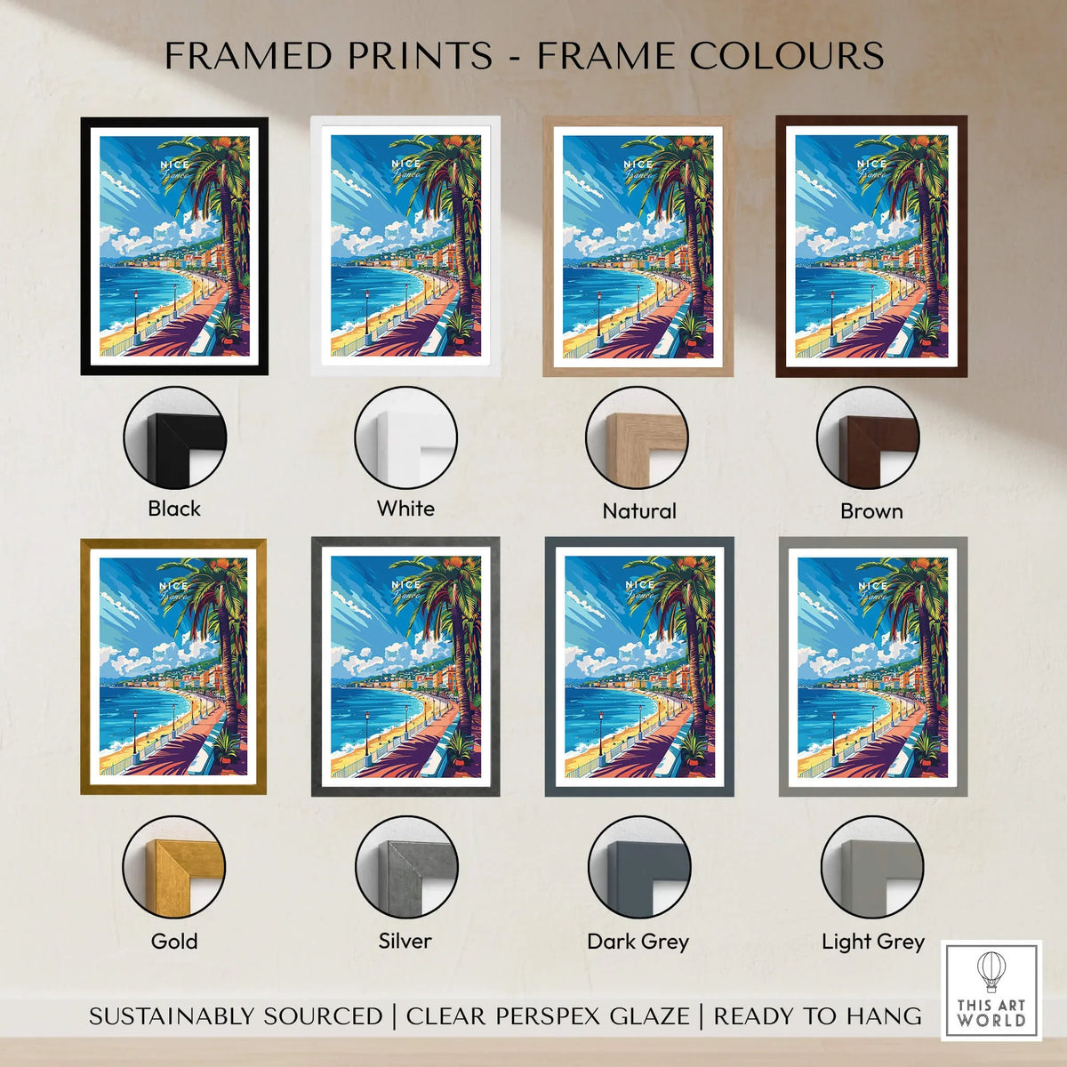 Framed prints in various frame colors including black, white, natural, brown, gold, silver, dark grey, and light grey.