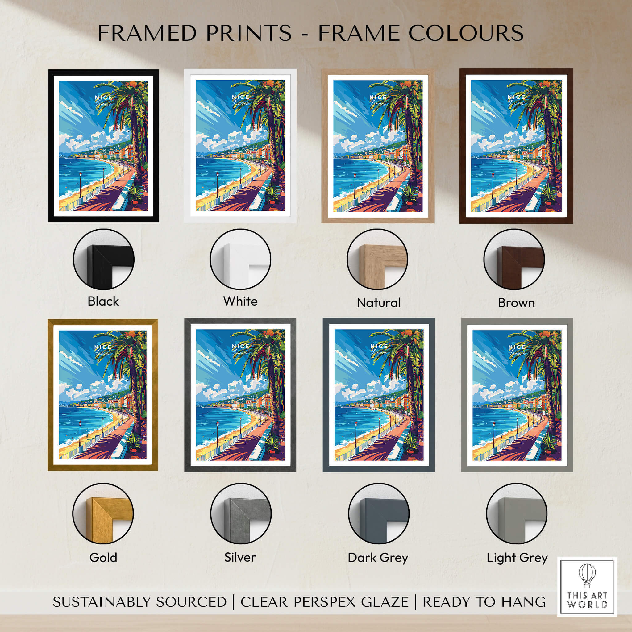 Framed prints in various frame colors including black, white, natural, brown, gold, silver, dark grey, and light grey.