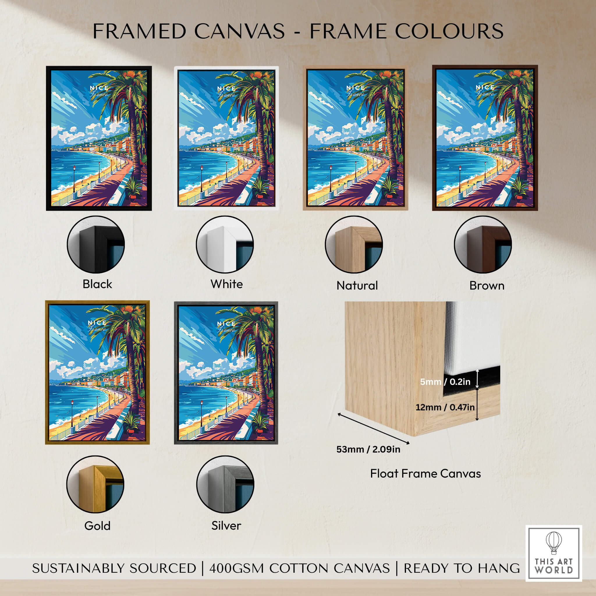 Framed canvas options showcasing various frame colours including Black, White, Natural, Brown, Gold, and Silver.