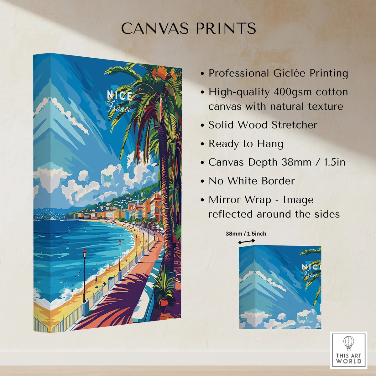 Nice Wall Art Print - France showcasing vibrant scenes of the South of France with palm trees and coastline.