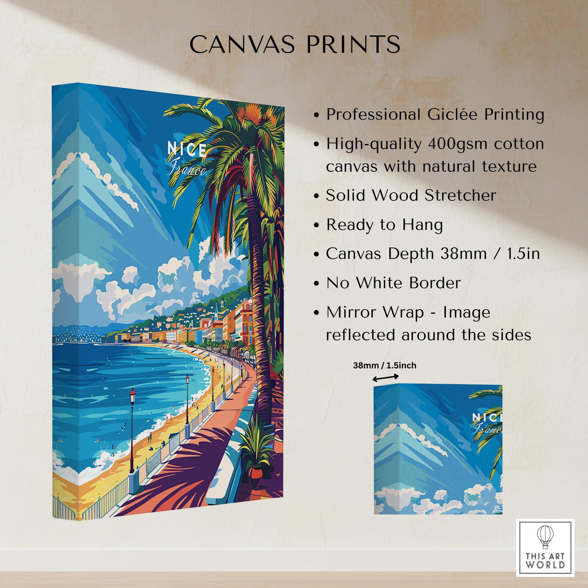 Nice Wall Art Print - France showcasing vibrant scenes of the South of France with palm trees and coastline.