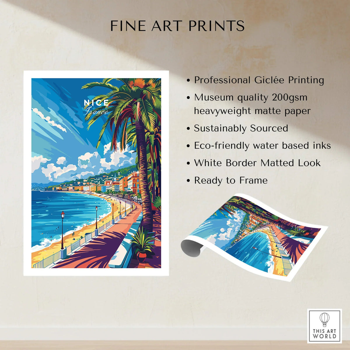 Nice Wall Art Print - France featuring a vibrant view of Nice's coastline with palm trees and a sunny sky.