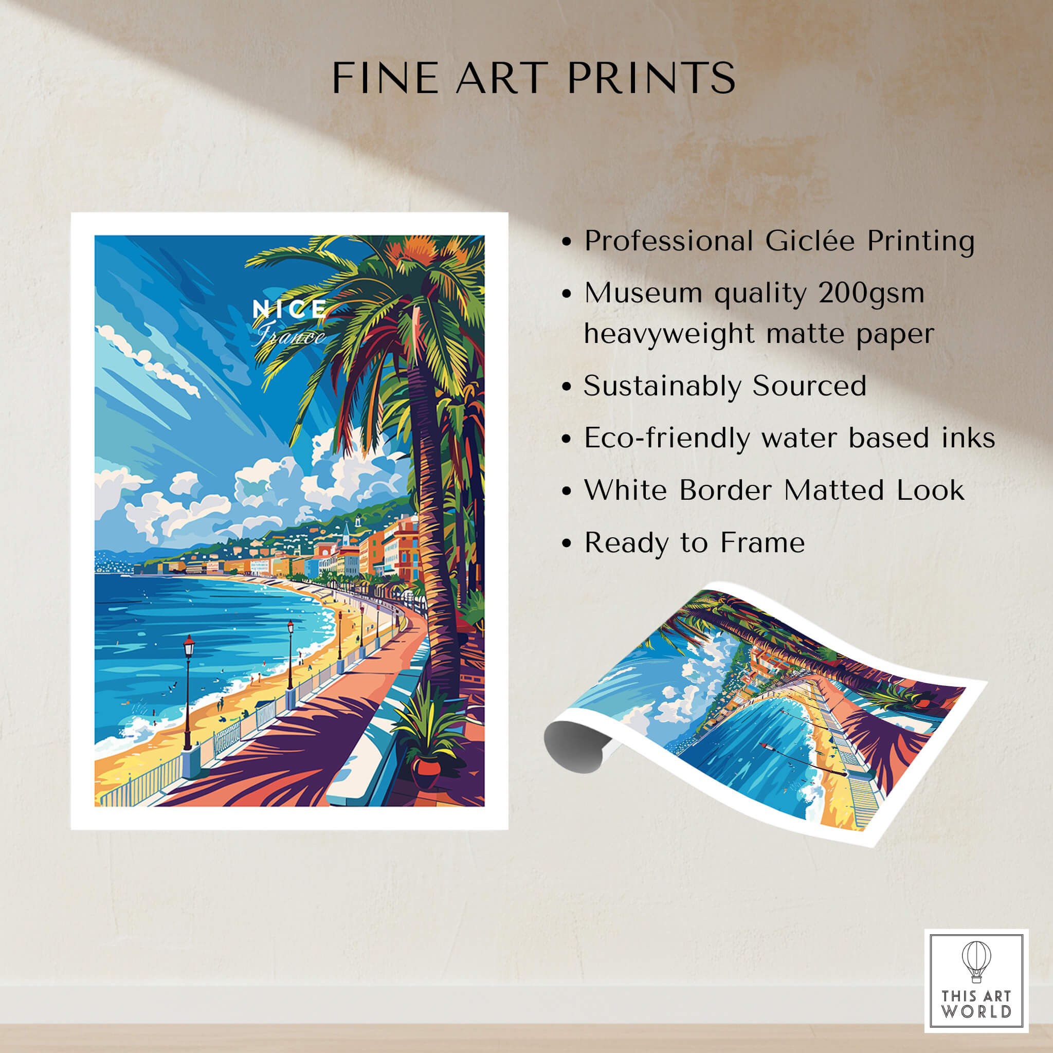 Nice Wall Art Print - France featuring a vibrant view of Nice's coastline with palm trees and a sunny sky.