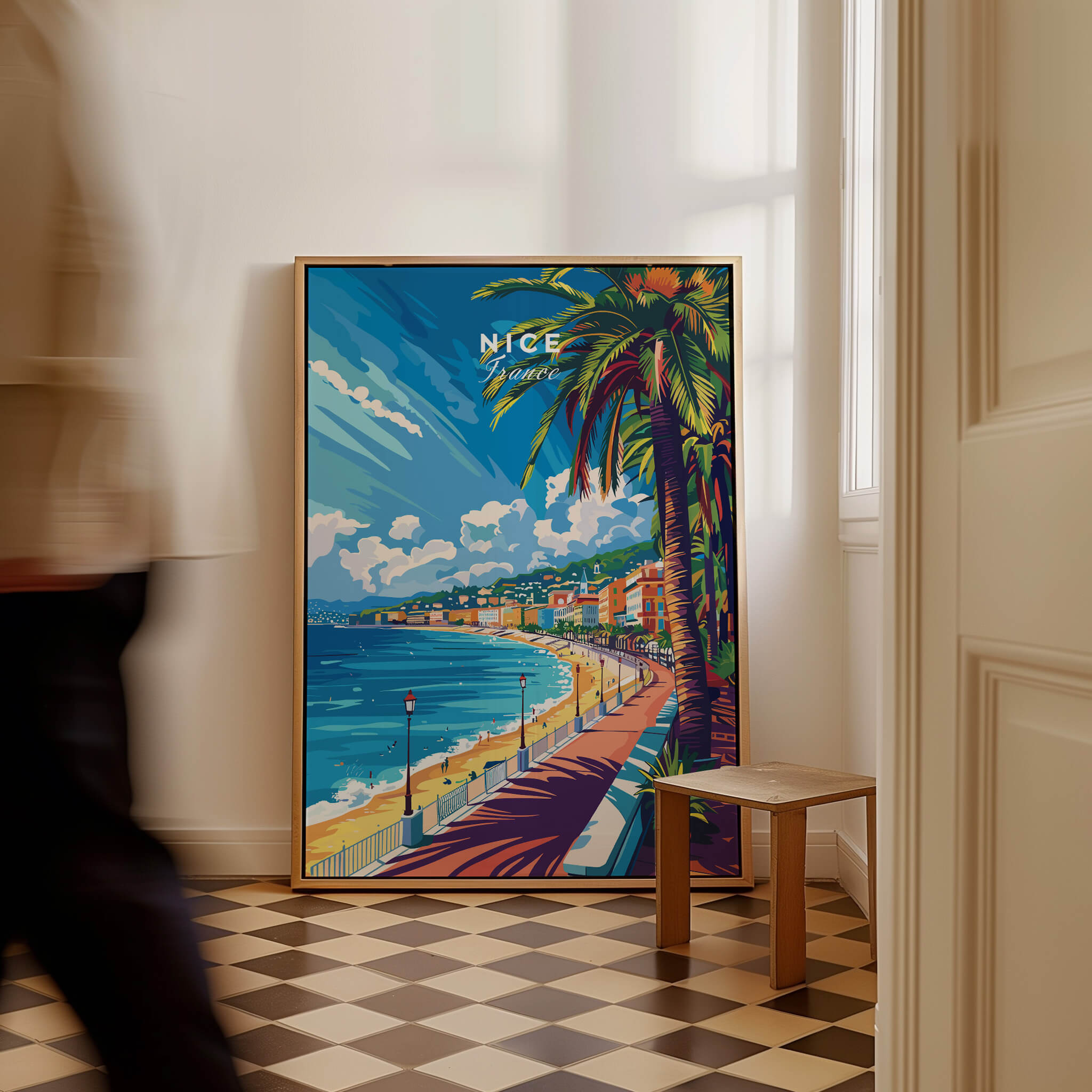 Nice Wall Art Print - France showcasing a vibrant seaside scene with palm trees and colorful buildings.