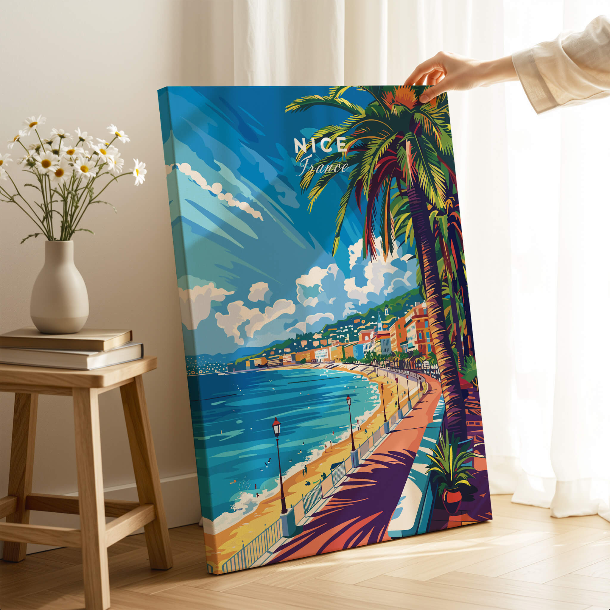 Nice Wall Art Print - France featuring vibrant scenes of Nice, France with palm trees and the coastline.