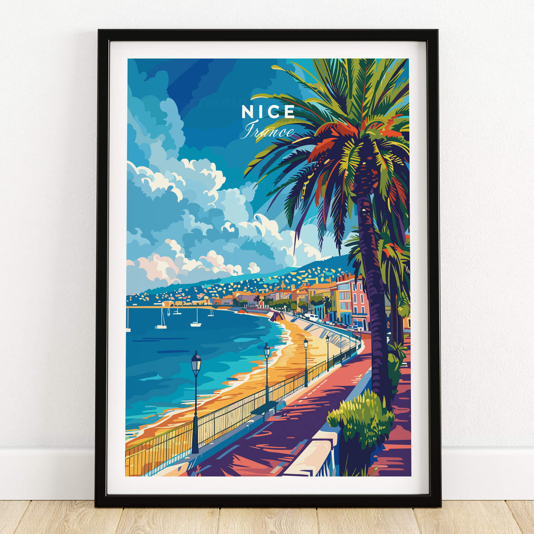 Nice Wall Art - French Riviera travel poster featuring a vibrant beach scene in Nice, France with palm trees.