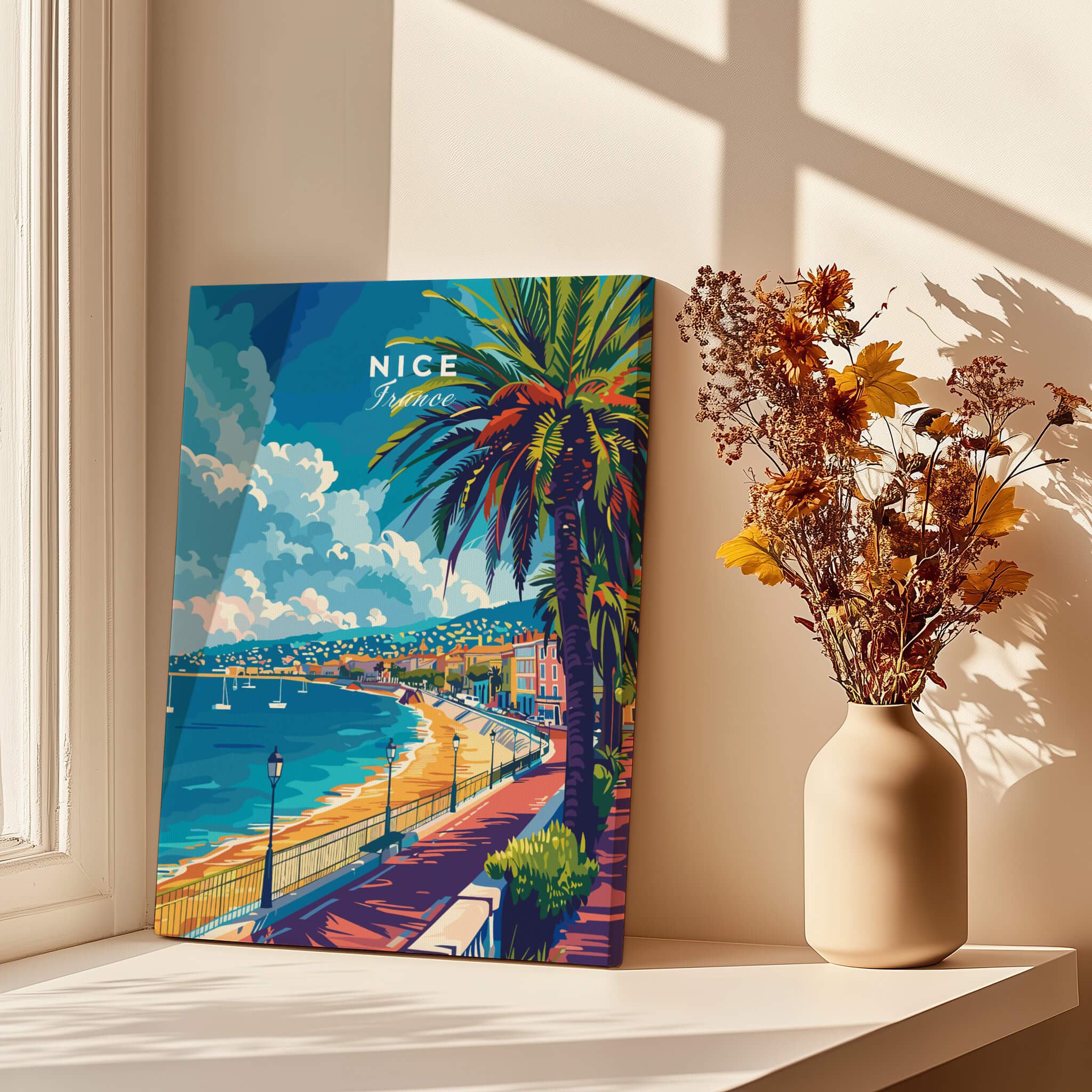 Nice Wall Art - French Riviera featuring vibrant palm trees and beach views of Nice, France.