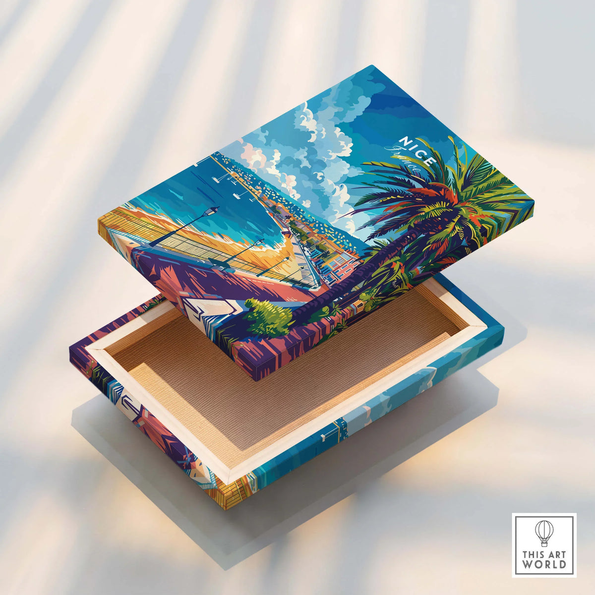 Nice Wall Art - French Riviera decorative box with a vibrant beach scene and palm trees.