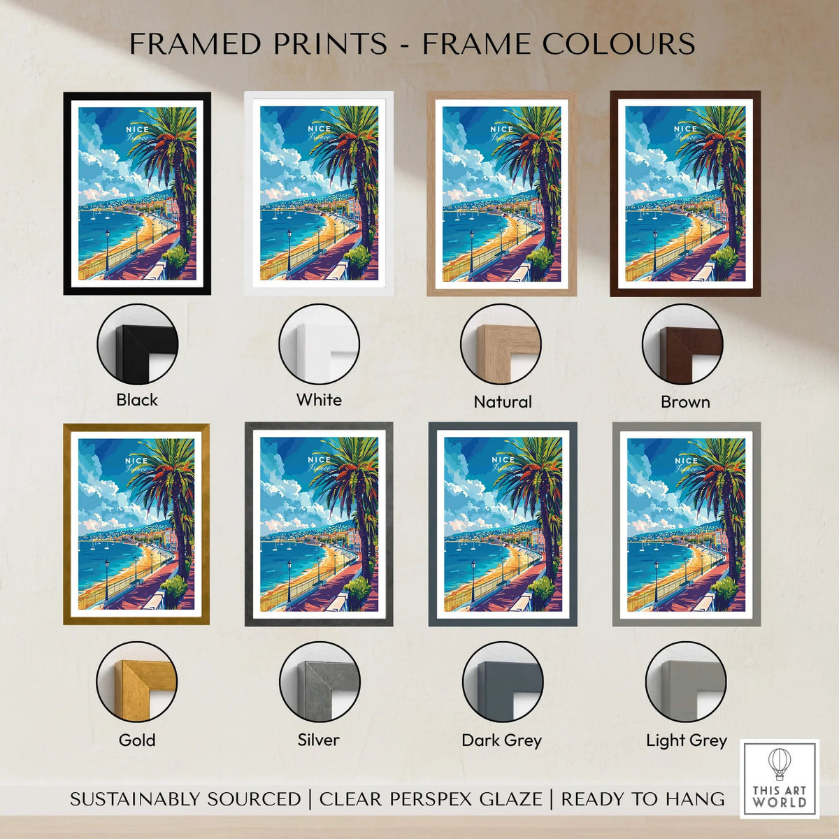 Framed Prints - Frame Colours showing various color options for Nice Wall Art - French Riviera.
