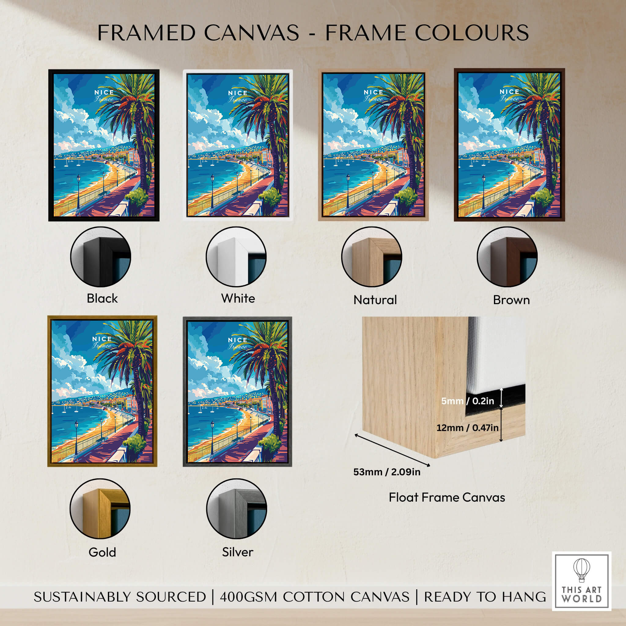 Framed canvas color options for Nice Wall Art - French Riviera showcasing various frame styles and materials.