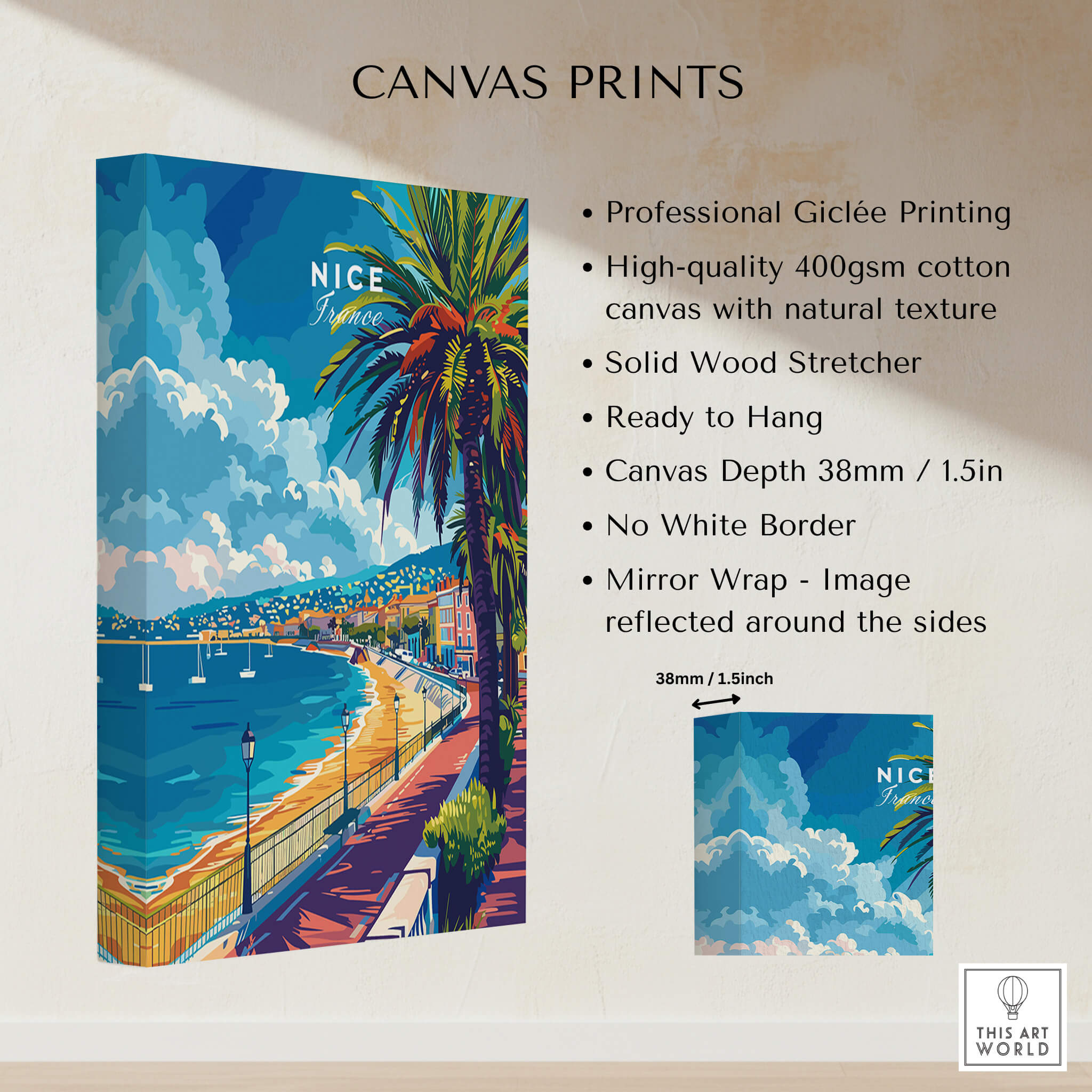 Nice Wall Art - French Riviera canvas print showcasing vibrant beach scenery and palm trees.