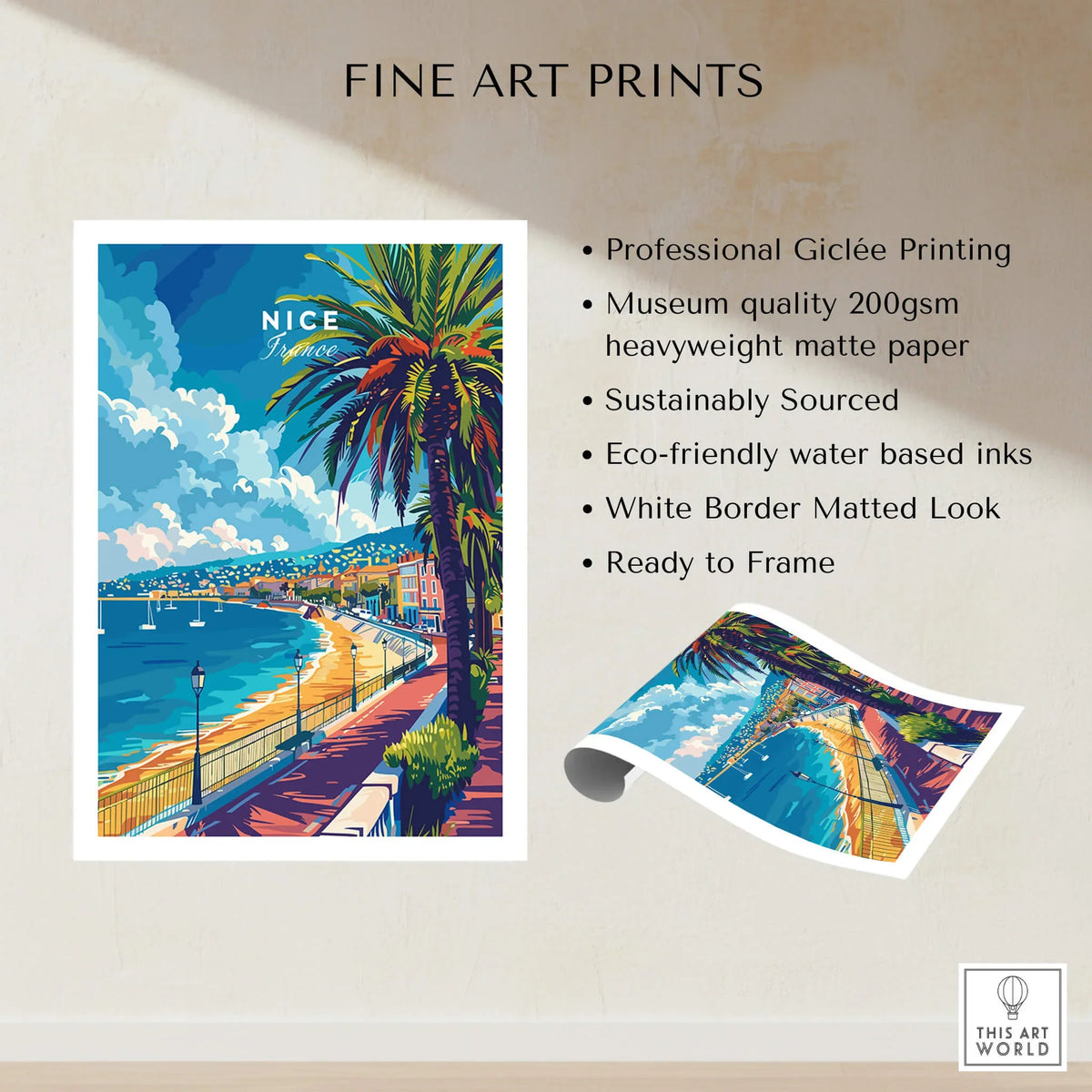 Nice Wall Art - French Riviera travel poster featuring vibrant colors and a scenic view of Nice's coastline.