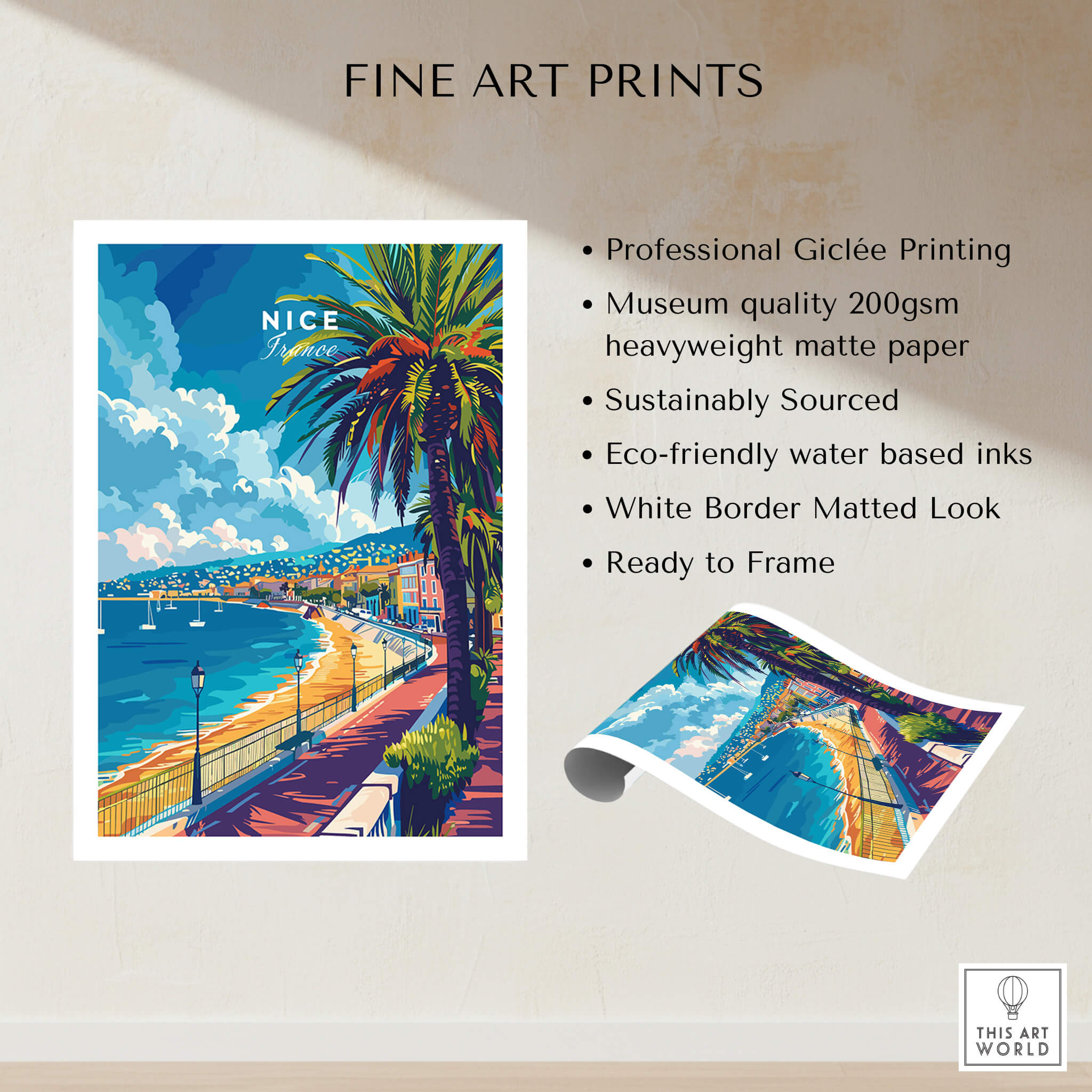 Nice Wall Art - French Riviera travel poster featuring vibrant colors and a scenic view of Nice's coastline.