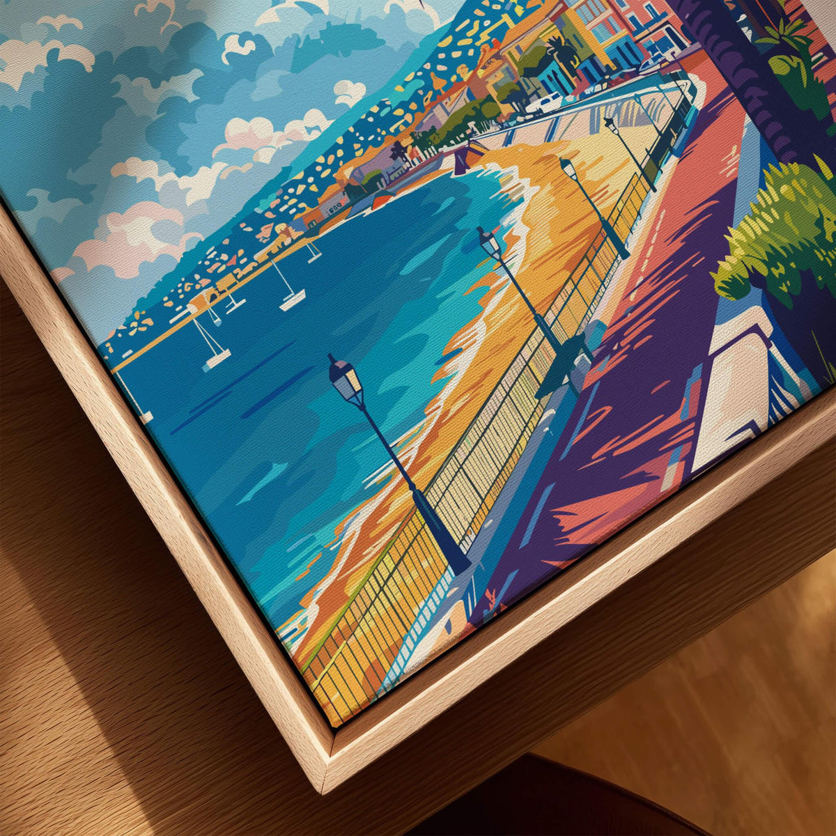 Nice Wall Art - French Riviera showcasing a vibrant beach scene with boats and palm trees in a colorful design.