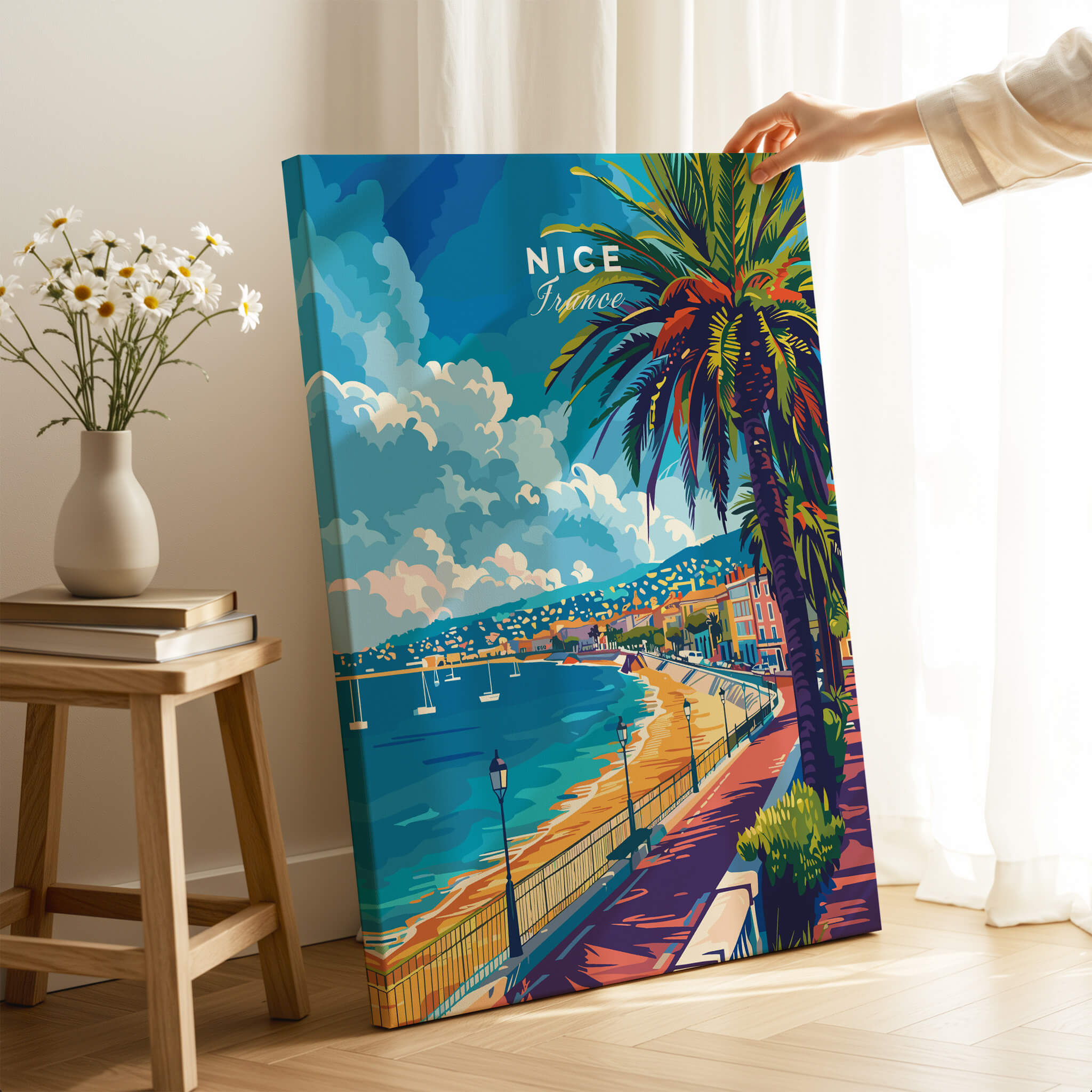 Nice Wall Art - French Riviera travel poster depicting the beaches and palm trees of Nice, France.