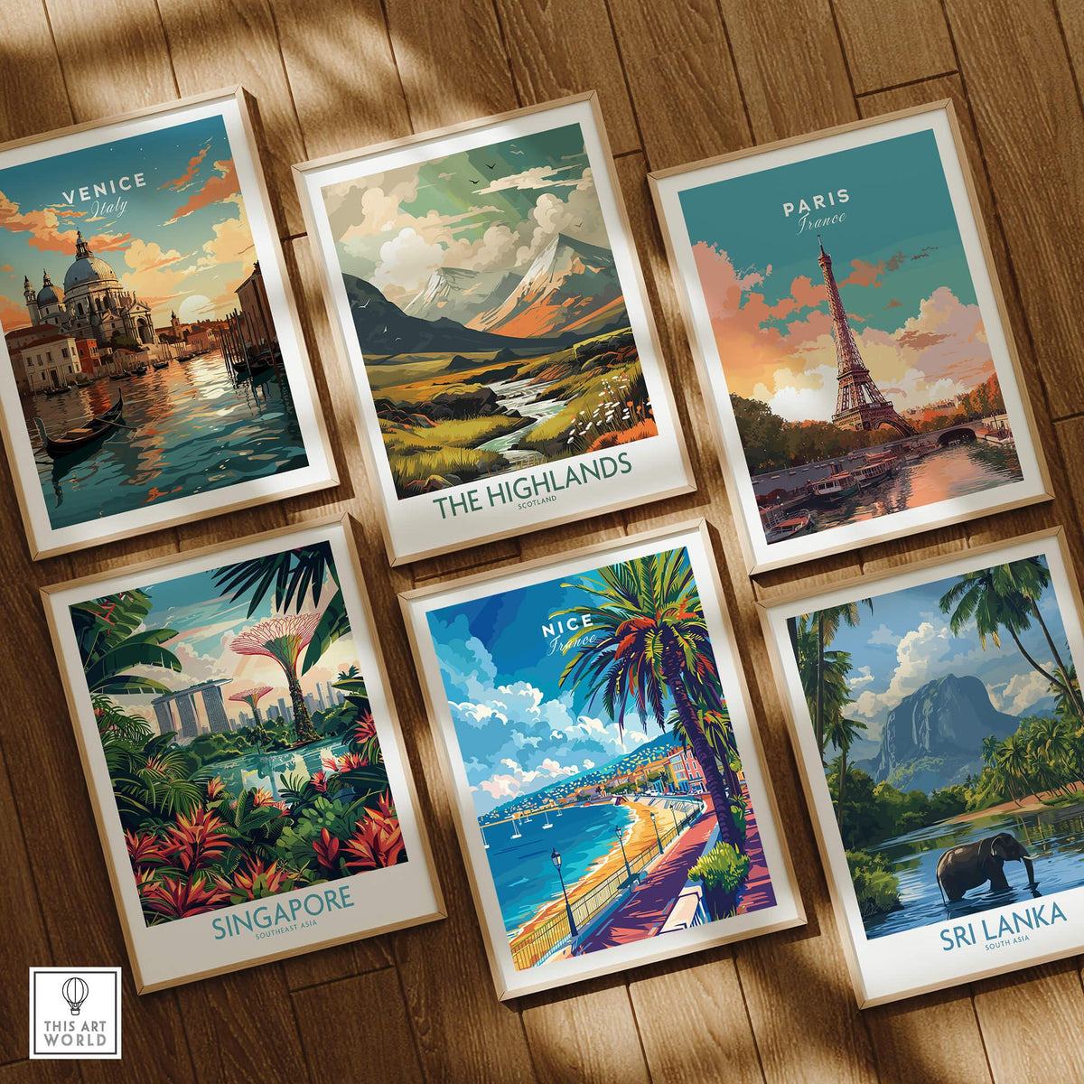 Nice Wall Art - French Riviera collection featuring travel posters of Venice, Paris, The Highlands, Singapore, and Sri Lanka.