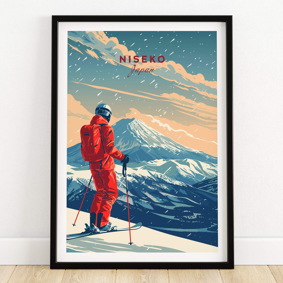 Niseko Travel Poster - Japan featuring a skier on a mountain in a stunning winter landscape.