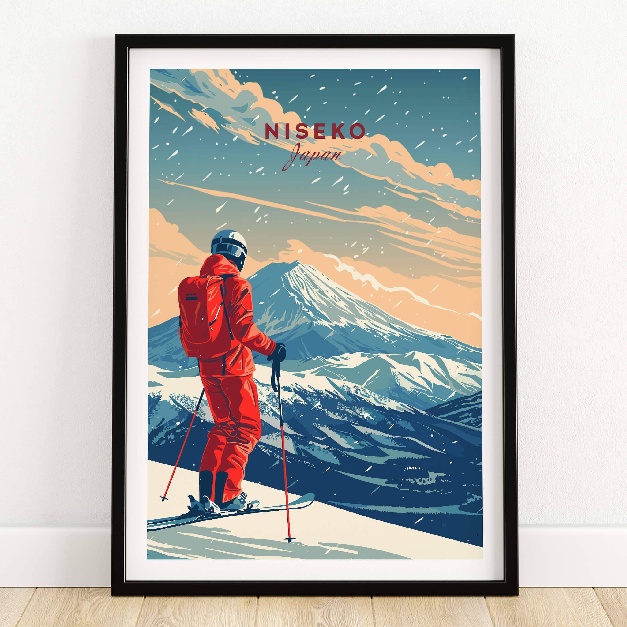 Niseko Travel Poster - Japan featuring a skier on a mountain in a stunning winter landscape.