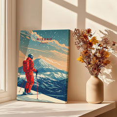 Niseko Travel Poster - Japan featuring a skier on snow-covered slopes with mountains in the background.
