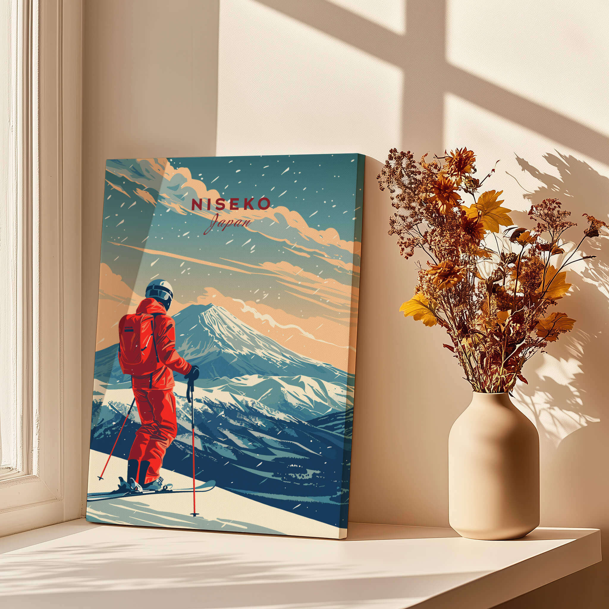 Niseko Travel Poster - Japan featuring a skier on snow-covered slopes with mountains in the background.