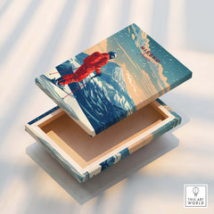 Niseko Travel Poster - Japan depicting a skier in the mountains on a beautifully designed box.