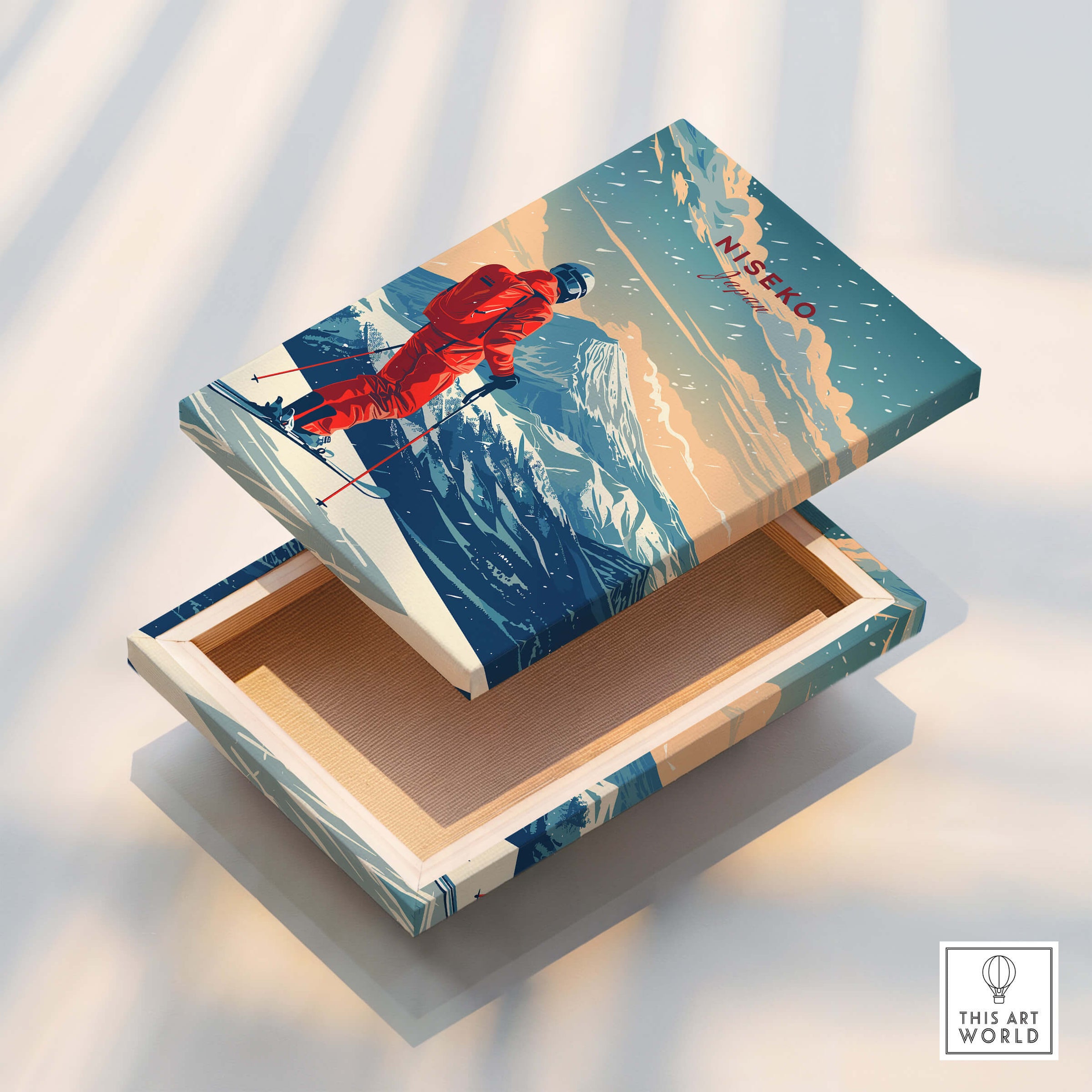Niseko Travel Poster - Japan depicting a skier in the mountains on a beautifully designed box.