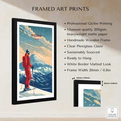 Niseko Travel Poster - Japan framed art print featuring a skier against a snow-covered mountain backdrop.