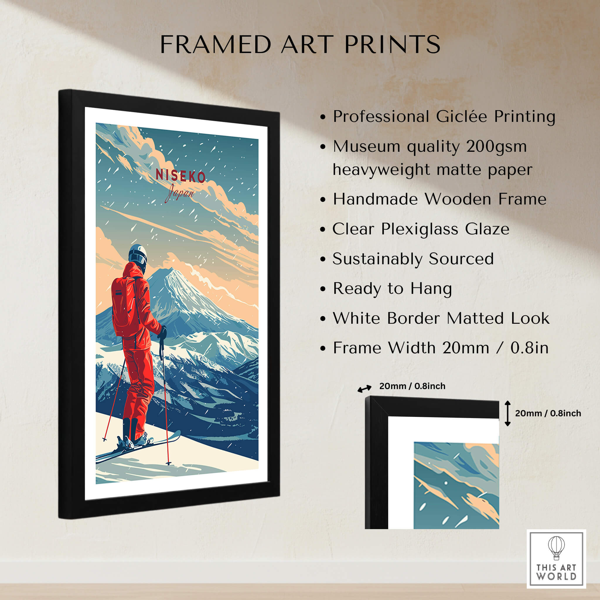 Niseko Travel Poster - Japan framed art print featuring a skier against a snow-covered mountain backdrop.