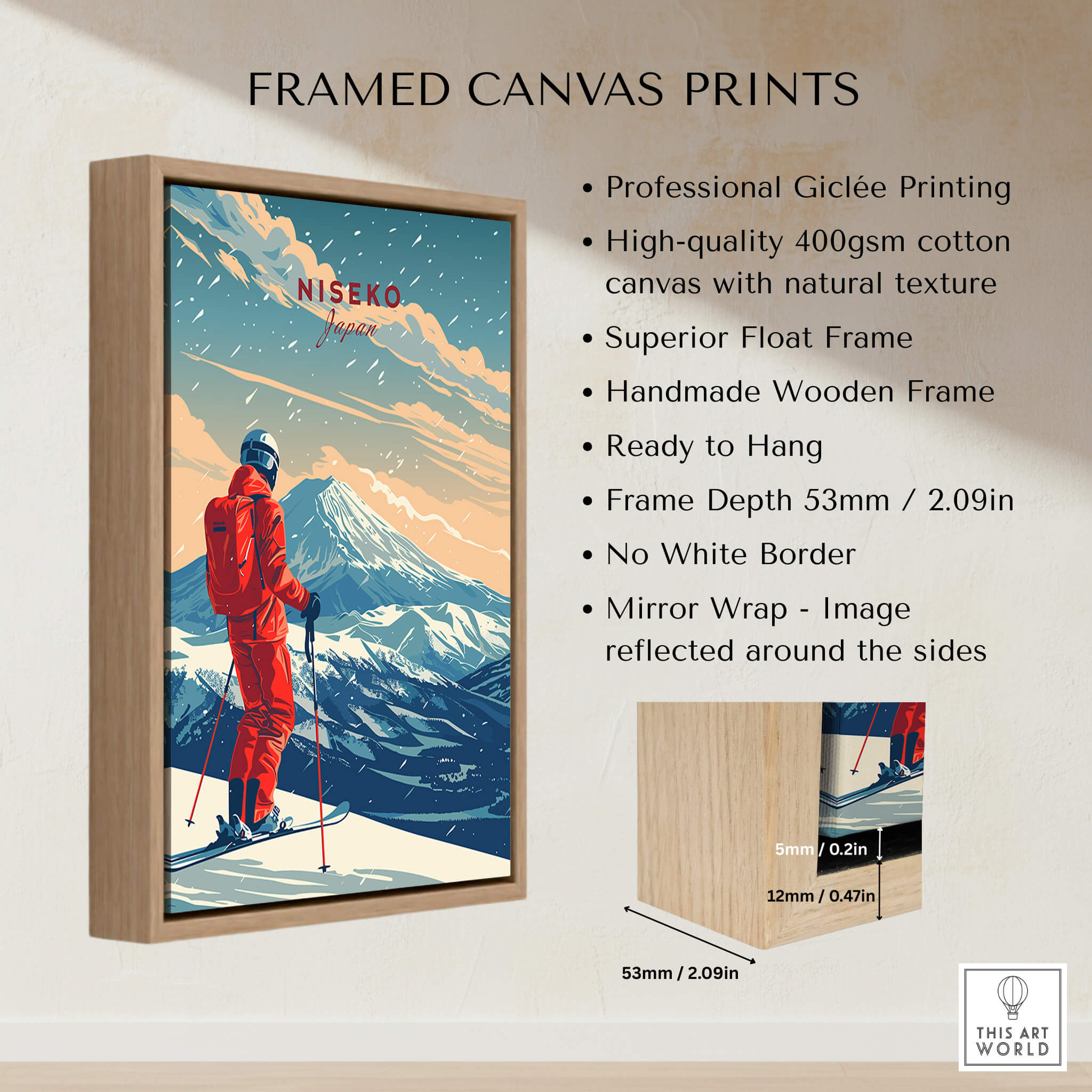Niseko Travel Poster - Japan framed canvas print showcasing stunning ski art and handmade wooden frame.