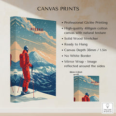 Niseko Travel Poster - Japan showcasing snow-covered mountains and a skier, perfect for winter adventure decor.