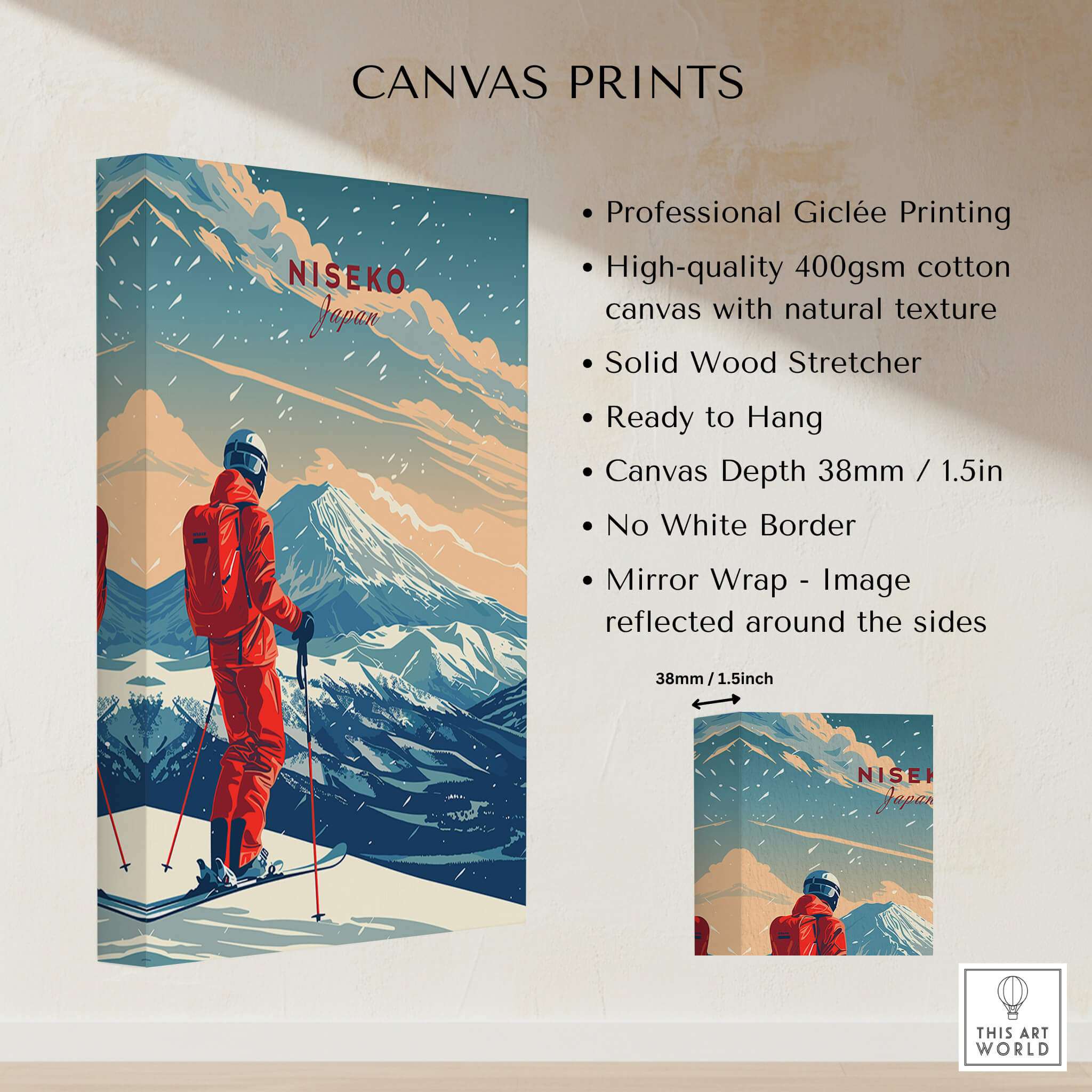 Niseko Travel Poster - Japan showcasing snow-covered mountains and a skier, perfect for winter adventure decor.