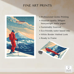 Niseko Travel Poster - Japan featuring a skier with snowy mountains, a stunning design ideal for home decor.