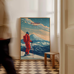Niseko Travel Poster - Japan featuring a skier in red with mountains in the background, perfect for winter enthusiasts.