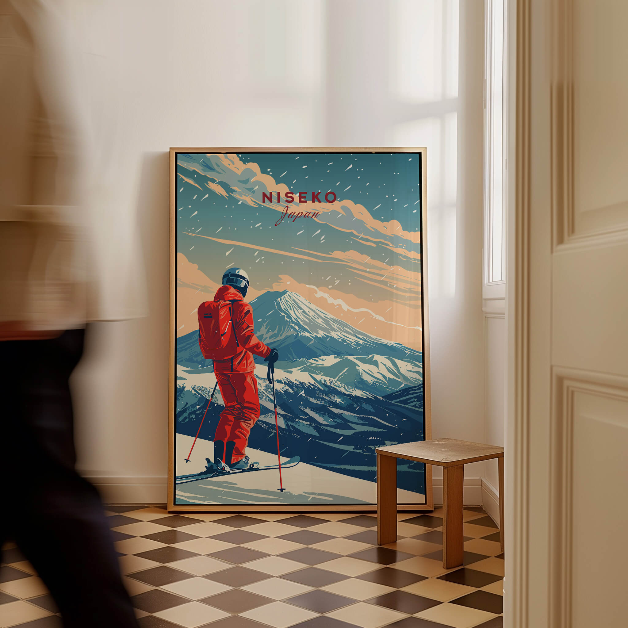 Niseko Travel Poster - Japan featuring a skier in red with mountains in the background, perfect for winter enthusiasts.