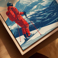 Niseko Travel Poster - Japan featuring a skier in red gear on stunning snow-covered slopes.