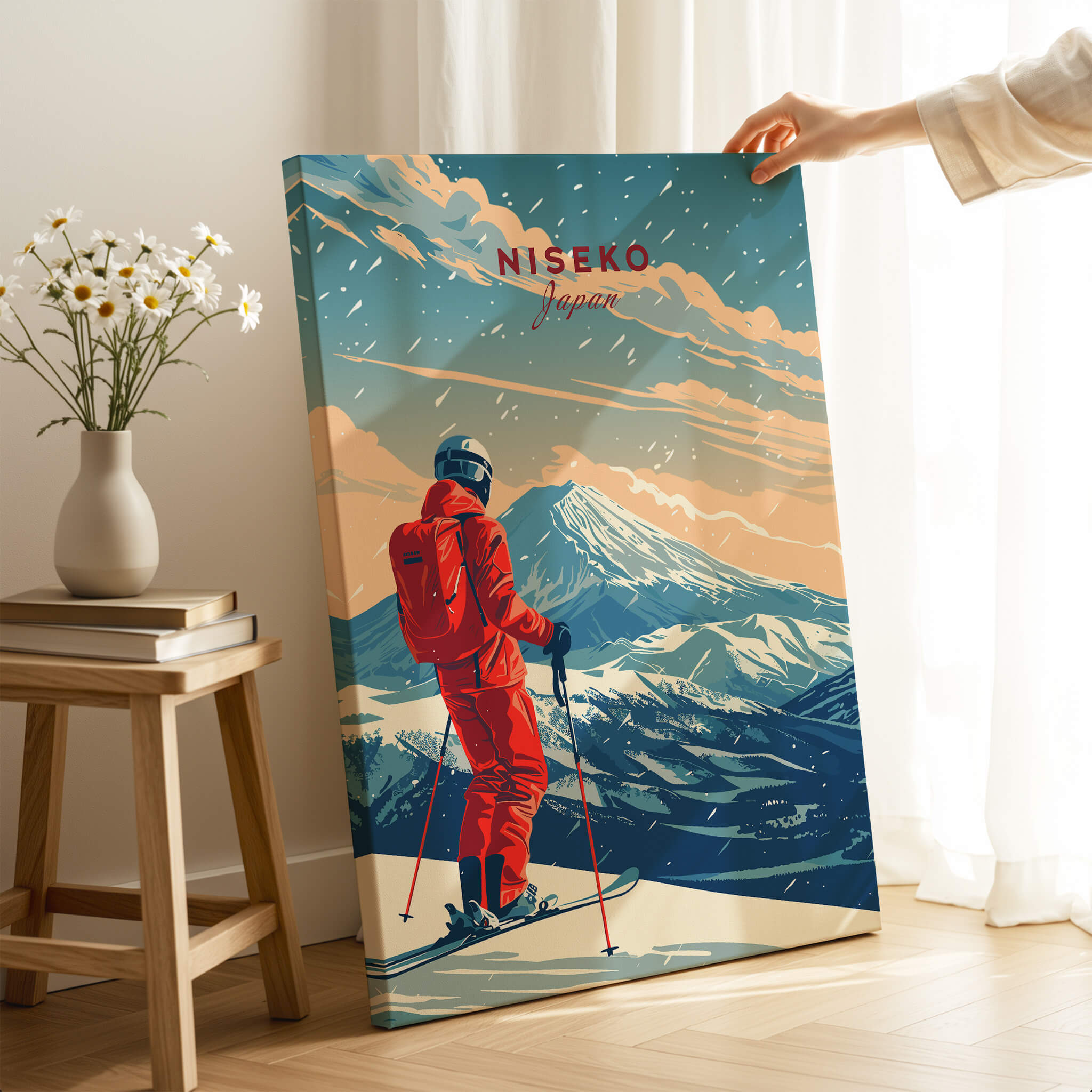 Niseko Travel Poster - Japan featuring a skier with a stunning mountain backdrop in winter scenery.
