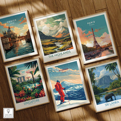 Niseko Travel Poster - Japan featuring a ski print among other travel posters in a stylish arrangement.