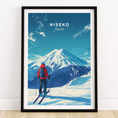 Niseko Travel Print - Japan featuring a skier in front of snowy mountains, capturing the beauty of winter adventure.