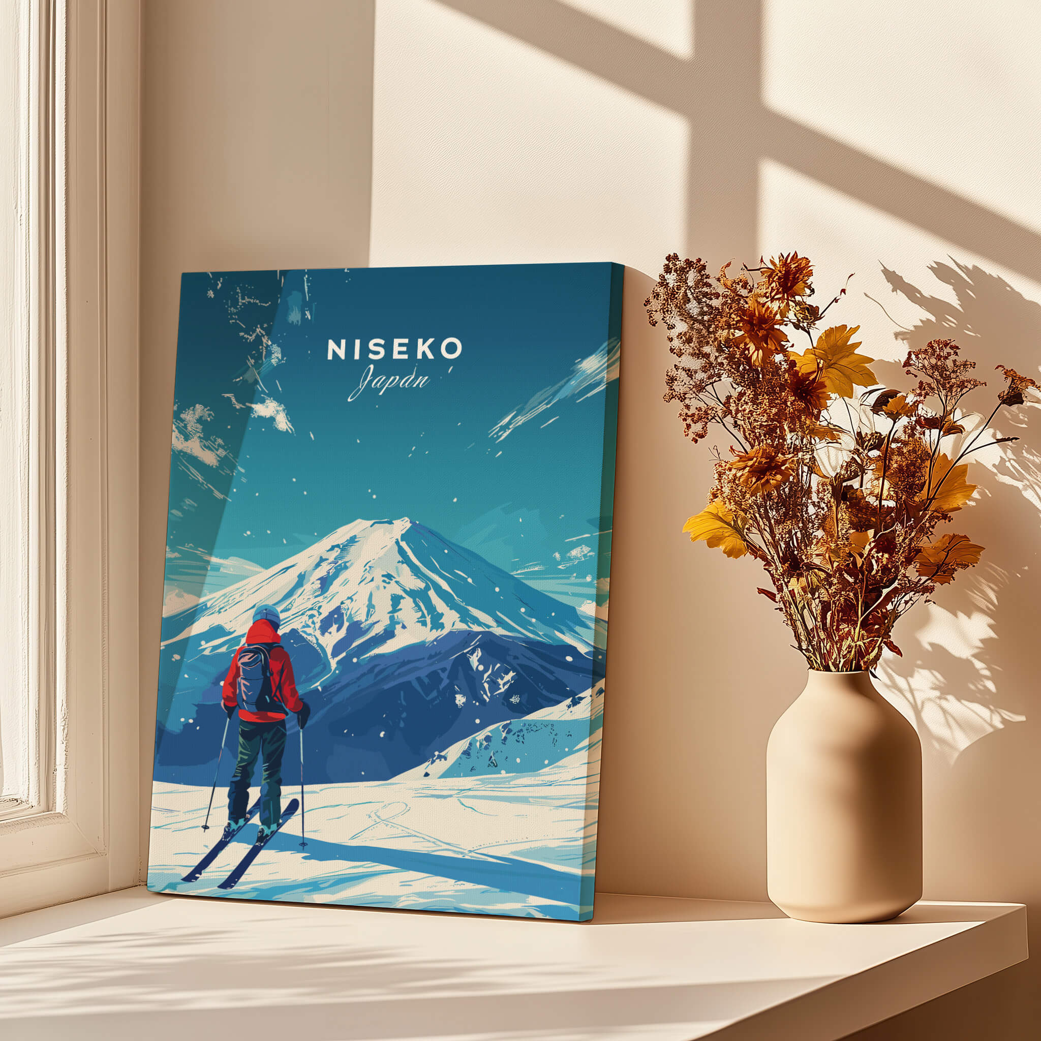 Niseko Travel Print - Japan showcasing a skier against stunning snowy mountains in a cozy interior setting.