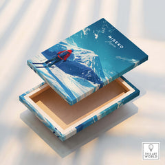 Niseko Travel Print - Japan box art featuring skier against snowy mountains, perfect for winter decor.