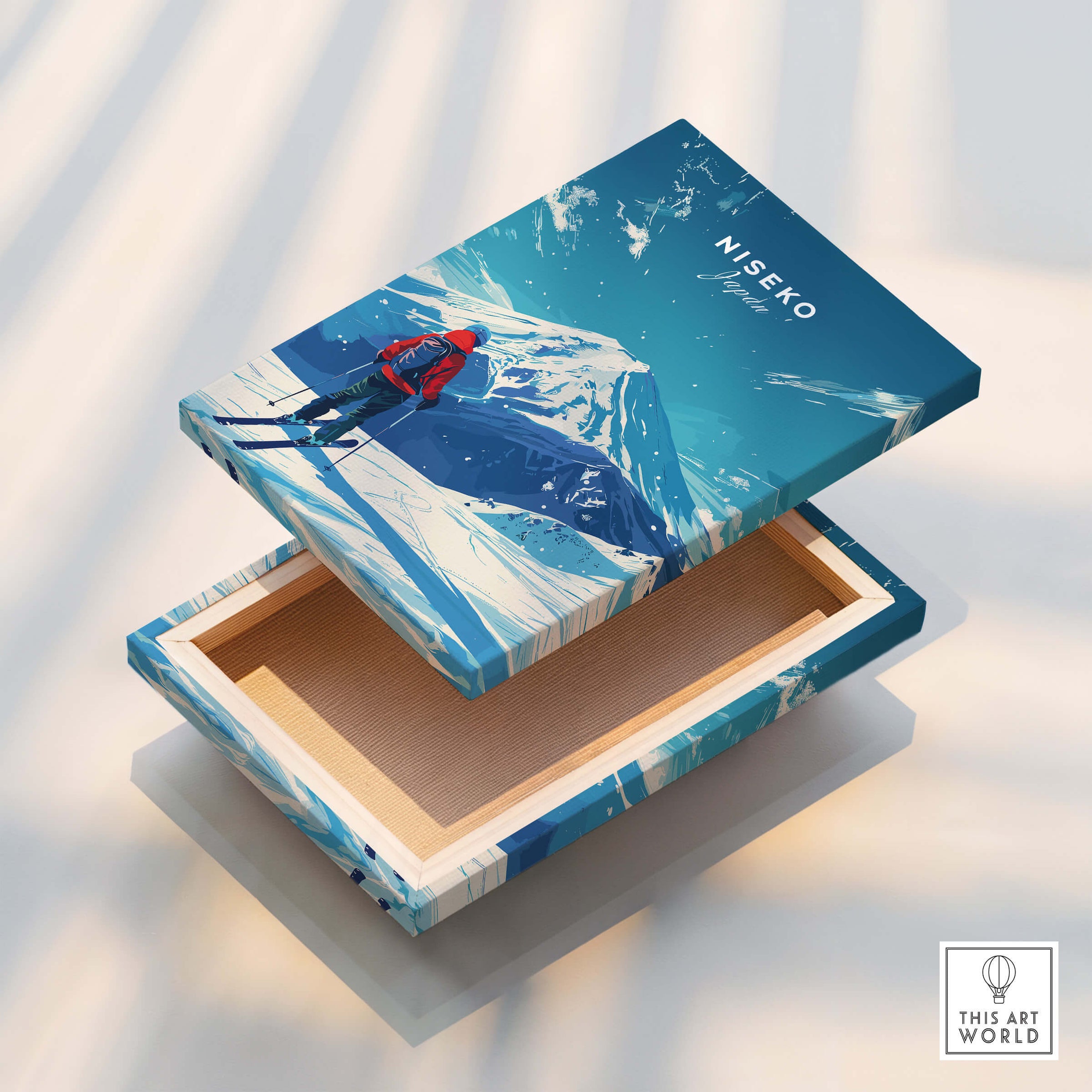Niseko Travel Print - Japan box art featuring skier against snowy mountains, perfect for winter decor.