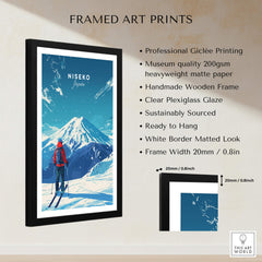 Niseko Travel Print - Japan showcasing a skier against beautiful snow-capped mountains in a framed art print.