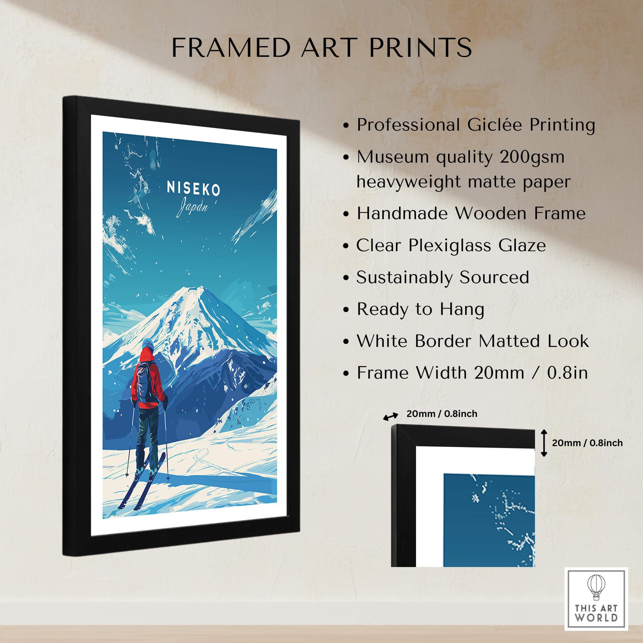 Niseko Travel Print - Japan showcasing a skier against beautiful snow-capped mountains in a framed art print.