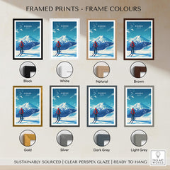 Niseko Travel Print - Japan with various frame colors including black, white, natural, brown, gold, silver, dark grey, light grey.