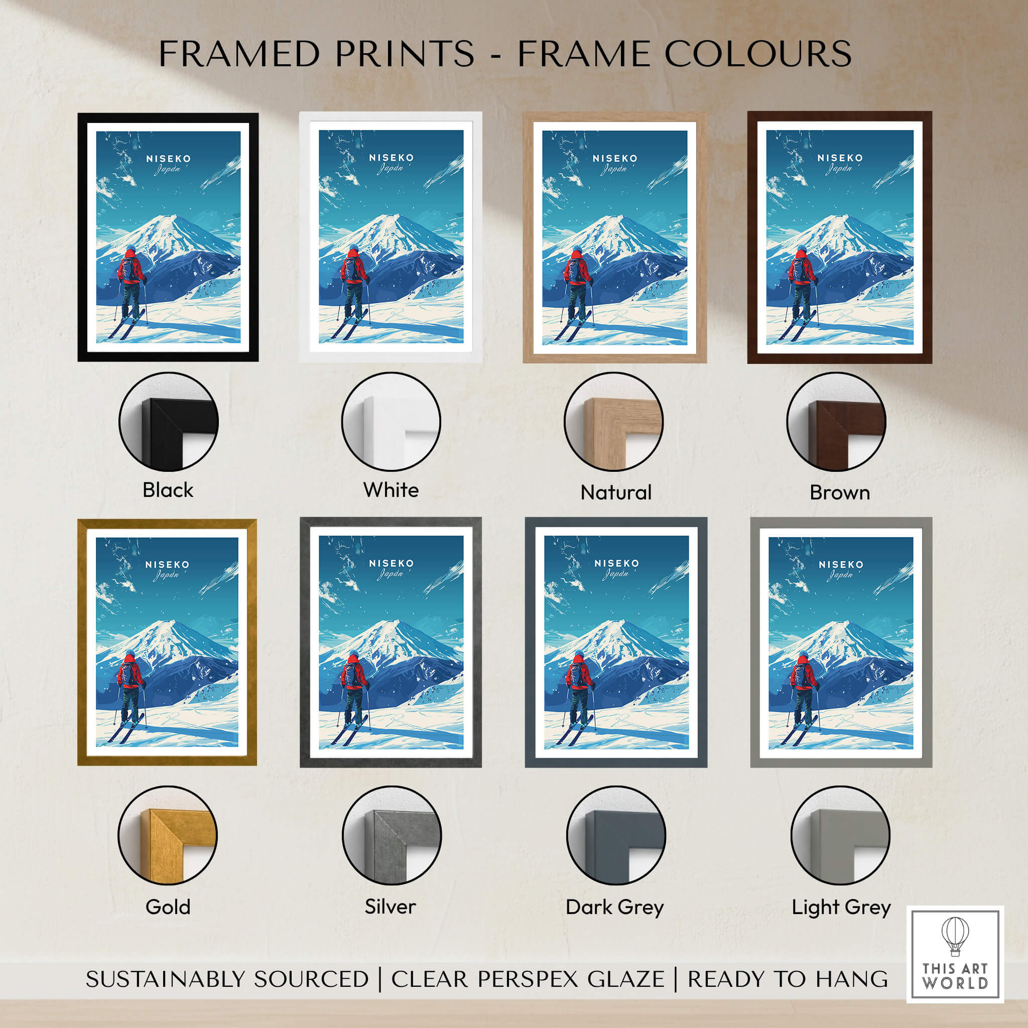 Niseko Travel Print - Japan with various frame colors including black, white, natural, brown, gold, silver, dark grey, light grey.