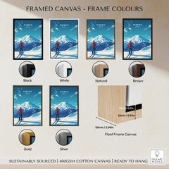 Framed canvas options featuring Niseko Travel Print - Japan in various frame colours including Black, White, Gold, and Silver.