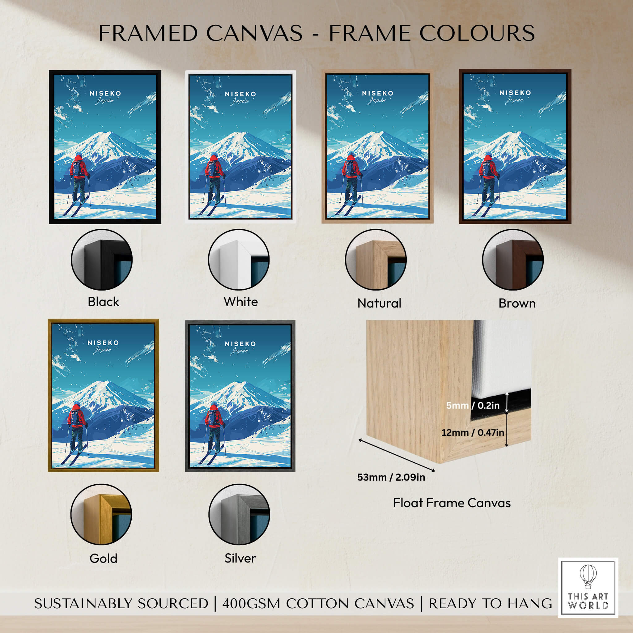 Framed canvas options featuring Niseko Travel Print - Japan in various frame colours including Black, White, Gold, and Silver.