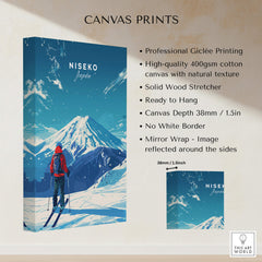 Niseko Travel Print - Japan showcasing a stunning winter landscape with a skier, perfect for inspiring adventure.